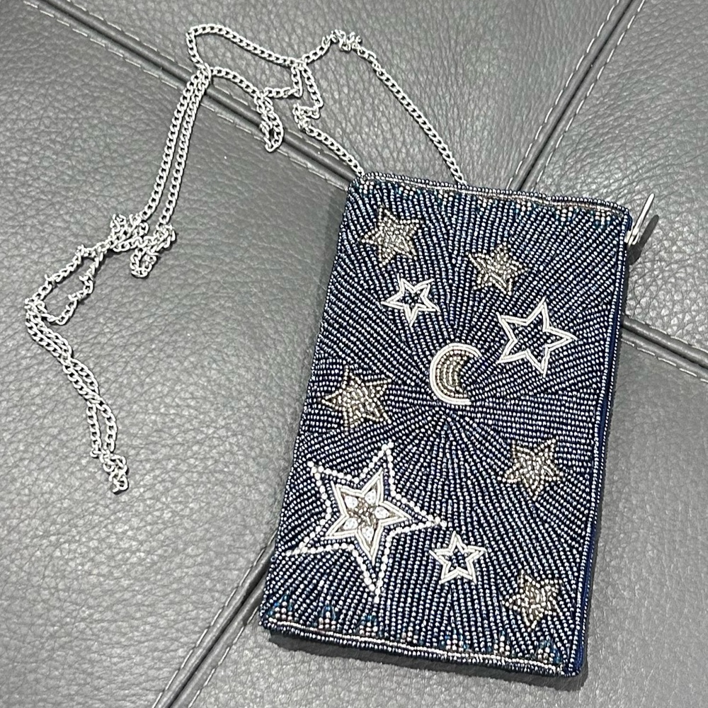 Mary Frances Beaded Celestial Moon & Stars Navy Crossbody Phone Bag